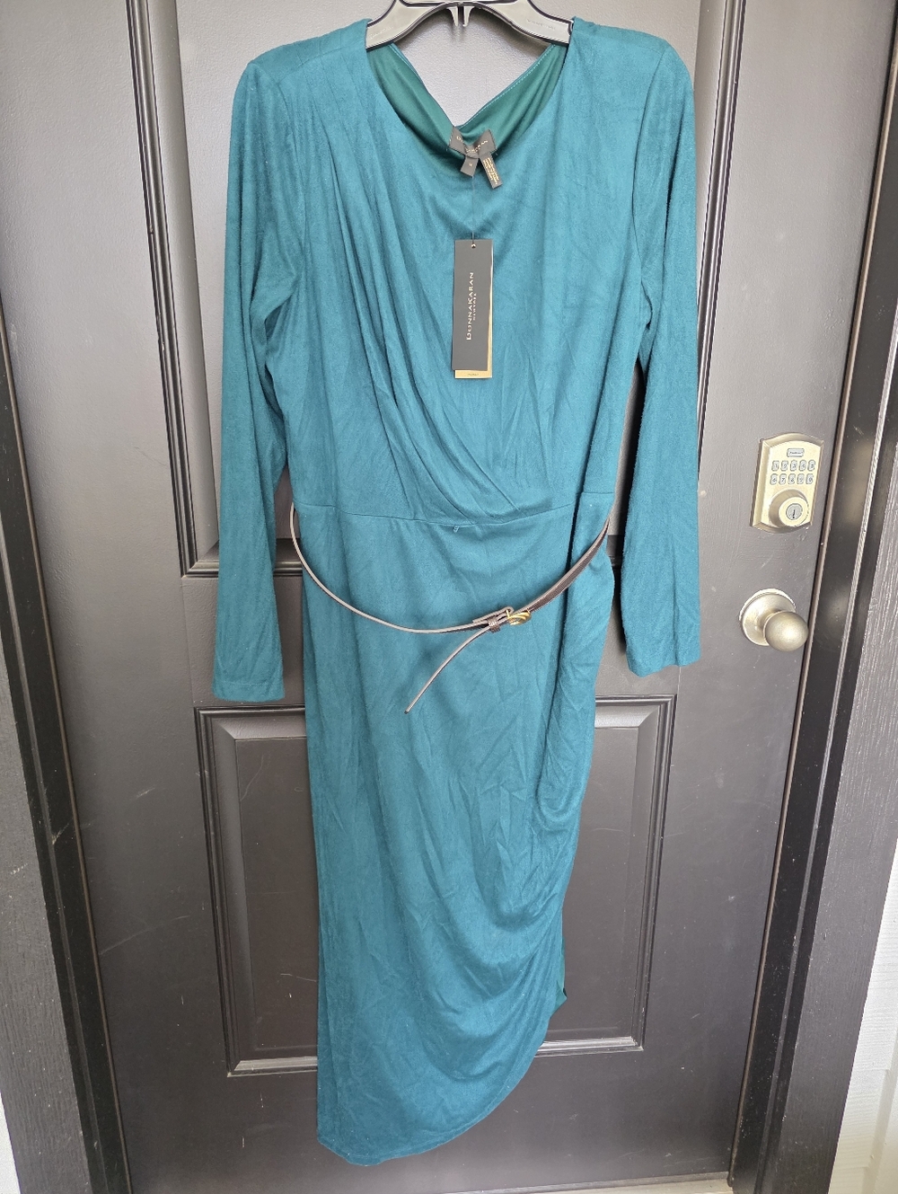 Donna Karan New York Teal Draped Dress Sz 16 Long Sleeve Belted Midi Sheath NWT - Picture 11 of 13